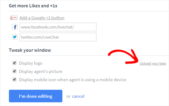上传徽标并将社交链接添加到 LiveChat