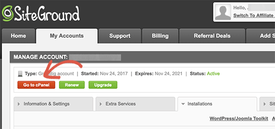 访问 SiteGround 中的 cPanel 仪表板