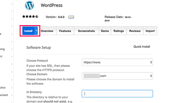 单击安装选项卡以继续使用 Softaculous 安装 WordPress