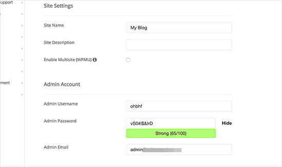 Softaculous WordPress 网站设置