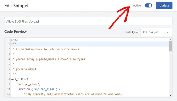 激活代码段并在 WPCode 中单击更新