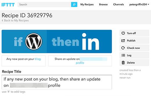 您在 IFTTT 上的 WordPress 到 LinkedIn 食谱