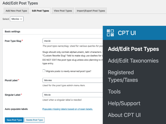 使用 CPT UI 插件编辑帖子类型