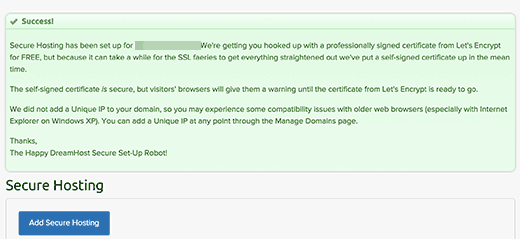 在 DreamHost 上添加免费 SSL 后的成功消息