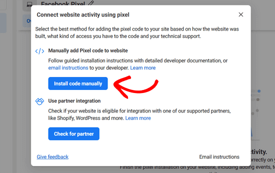 选择手动安装 Facebook 元像素代码的选项