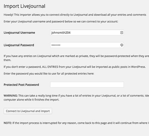 LiveJournal 导入器设置