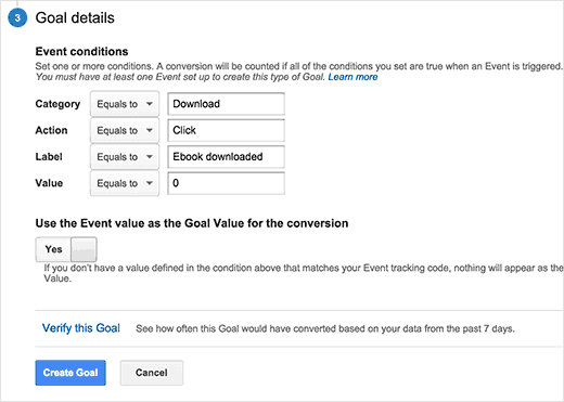 在 Google Analytics 中输入自定义目标的事件条件