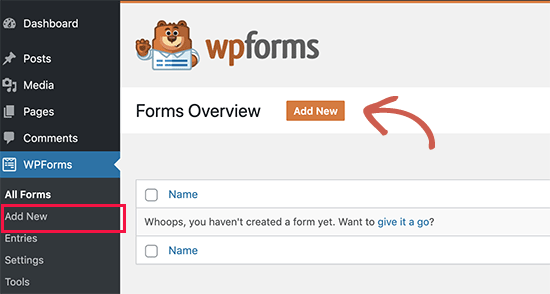 在 WPForms 中添加新表单