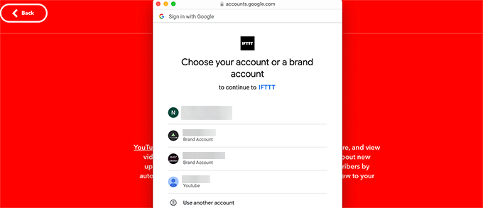 IFTTT 选择要连接的 YouTube 帐户