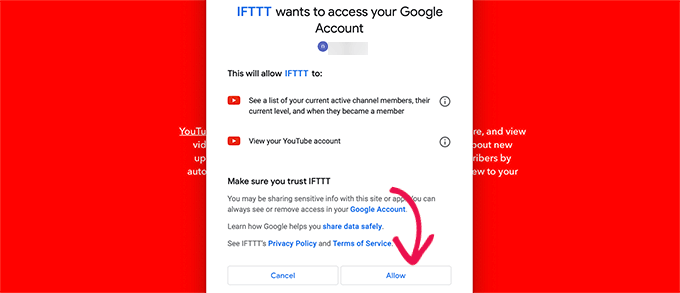 允许 IFTTT 访问 YouTube 帐户