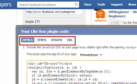 Facebook like box 有多种代码格式