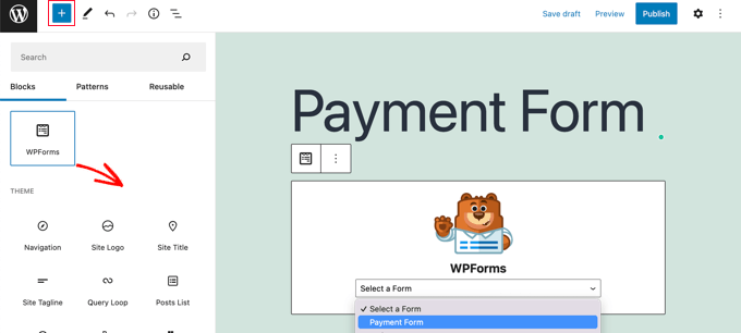 将 WPForms 块拖到您的帖子或页面上