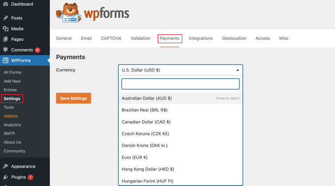 在 WPForms 付款设置中设置您的货币