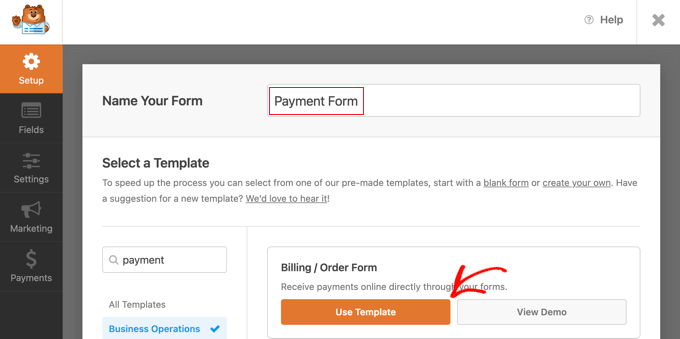 在 WPForms 中选择账单订单模板