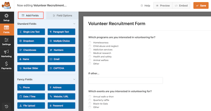 在 WPForms 志愿者申请表中添加字段