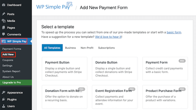 创建一个新的 WP Simple Pay 表单