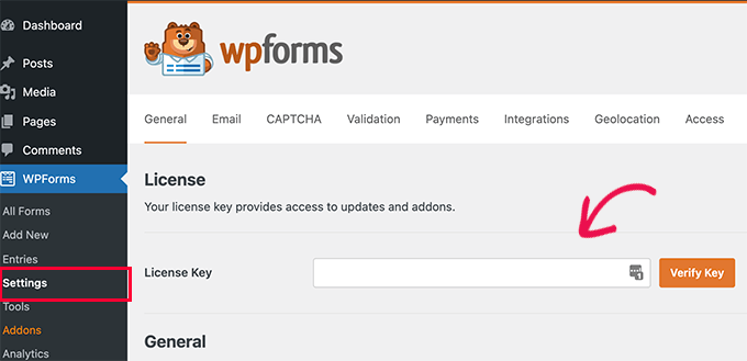 WPForms license key