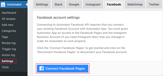 单击连接 Facebook 页面按钮
