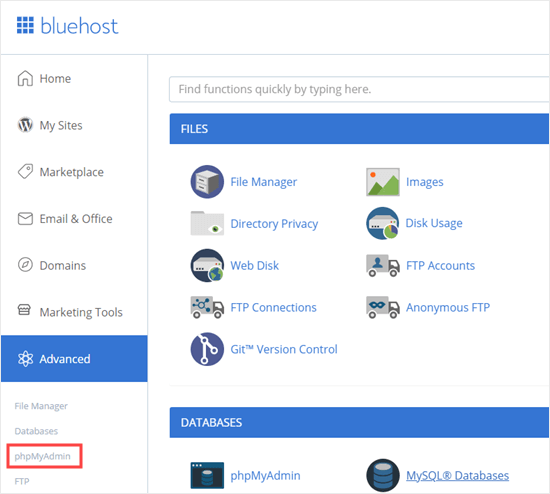 在 Bluehost 中选择 phpMyAdmin 选项