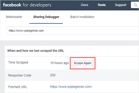 Facebook showing when the URL was last scraped, with a 'Scrape Again' button
