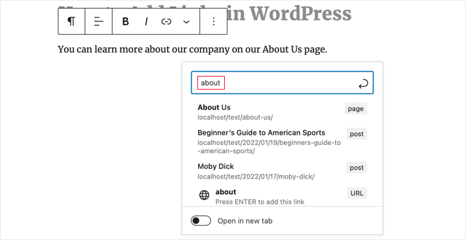 使用 WordPress 块编辑器搜索要链接的页面