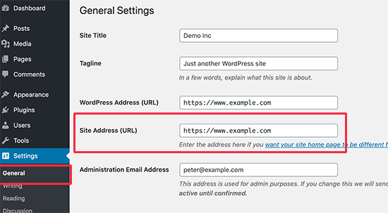 从 WordPress 设置页面复制您的网站地址