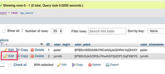 通过 phpMyadmin 编辑用户数据