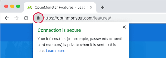 地址栏显示带有 HTTPS 的 SSL 安全挂锁图标