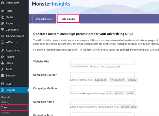 MonsterInsights 中的 URL 构建器