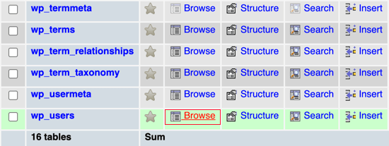 单击 wp_users 浏览链接