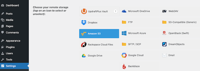 UpdraftPlus 中的备份存储位置选择