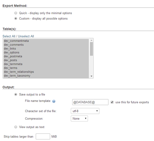 phpMyAdmin 自定义导出