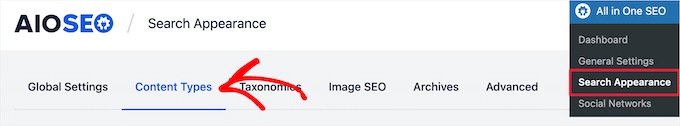 转到 AIOSEO 搜索外观并单击内容类型