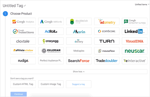 选择 Google Analytics 作为您的标签的产品