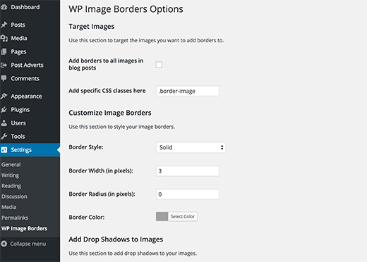 WP Image Borders 插件的设置页面