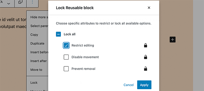WordPress中可重用块的锁定选项