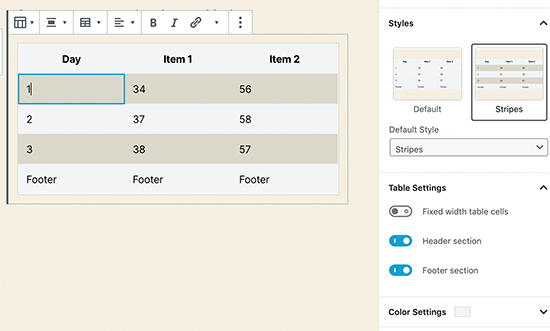 WordPress 5.3 中的新表格块