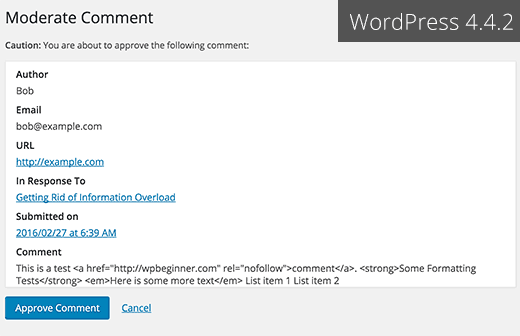 WordPress 4.4.2 中的审核评论屏幕