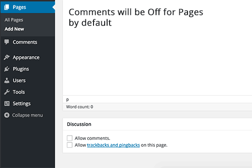 默认情况下，页面的评论将被关闭