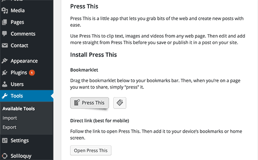安装 Press This tool for WordPress