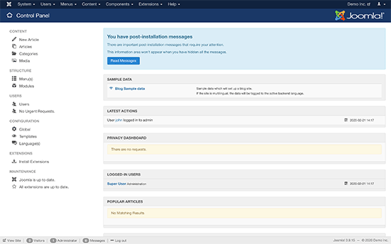 全新安装后的 Joomla 仪表板