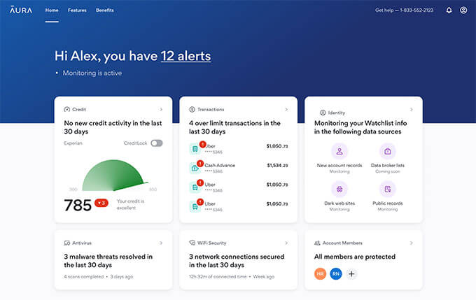 Aura 身份盗窃和信用监控 - 仪表板示例