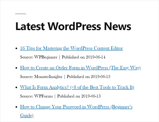 WordPress 网站演示中的 RSS 新闻提要