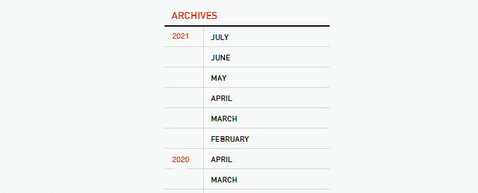 显示按年份排列的每月档案