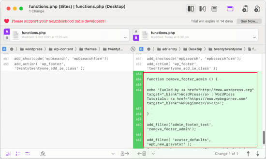 对 functions.php 文件的更改