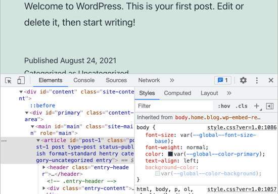 您将看到页面的 HTML 和 CSS