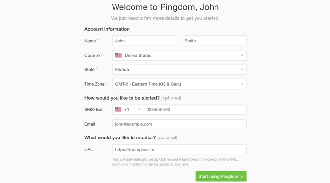填写 Pingdom 帐户信息