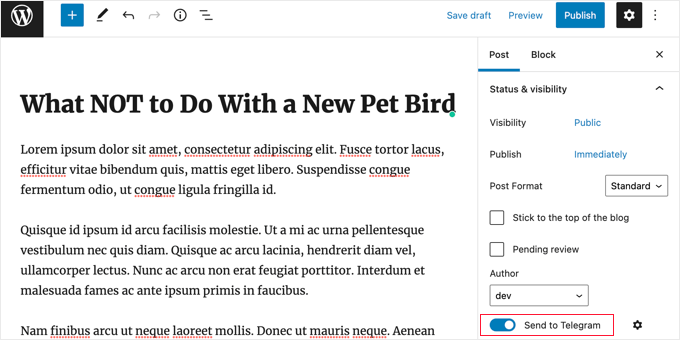 WordPress 编辑器现在有一个帖子到电报设置