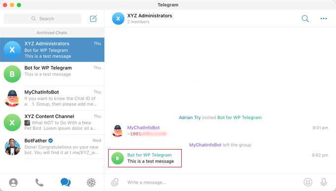 测试消息成功发布到 Telegram