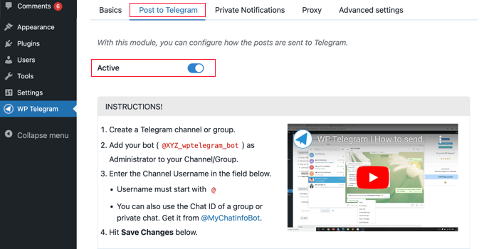 切换 Post to Telegram 选项卡上的活动开关